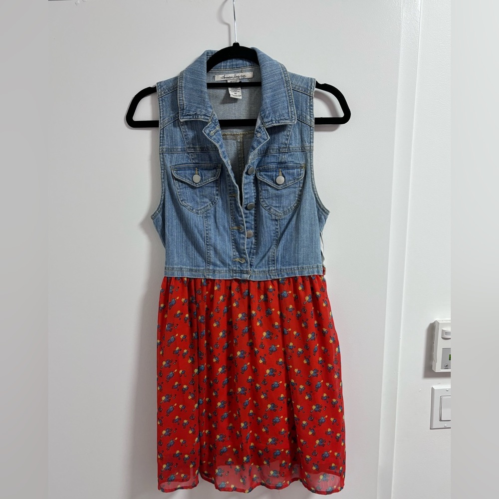 Dress with sleeveless denim top and red floral bottom music festivals